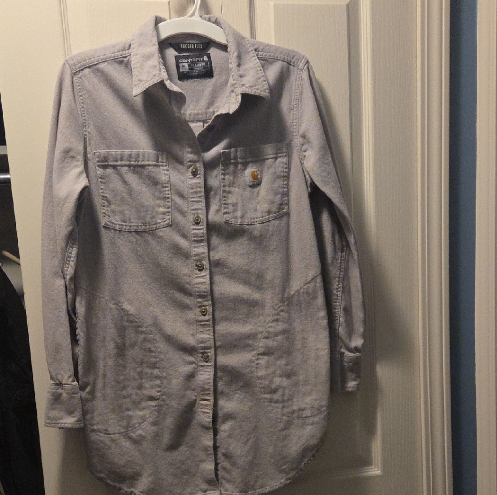 Carhartt Flannel Button Up Womens Light Gray Long Sleeve Shirt